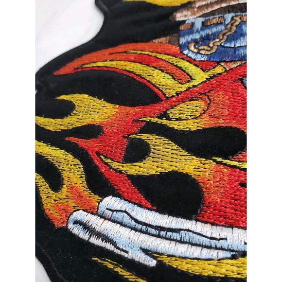 FLAMING SKELETON MOTORCYCLE RIDER EMBROIDERED IRON ON PATCH - 12" W x 9" H - Picture 3 of 6